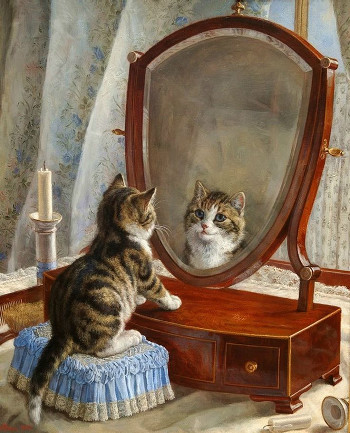 Dessin d’un chat qui se regarde dans un miroir.