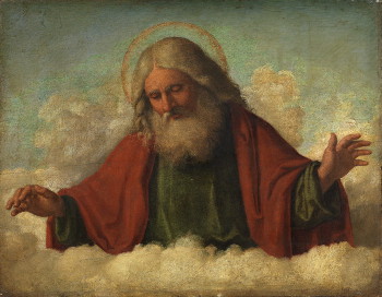 Peinture représentant Dieu dans les nuages, qui regarde sous lui pour voir le monde.