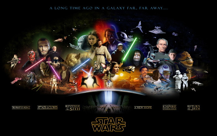 Bannière de Star Wars représentant les personnages principaux de chaque opus de la saga, dans l’ordre. on peut voir Maîtder, Qwai Gon, Obi-wan, Yoda, la princesse Amidala, Dark Vader, Luke Skywalker et tous les autres.