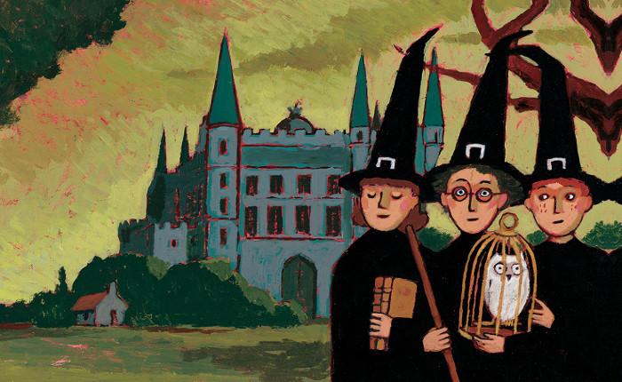 Illustration de la couverture de Harry Potter à l'école des sorciers avec Ron, Harry et Hermione en tenue de sorciers devant le château de Poudlard.