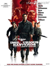 Affiche du film <em>Inglorious Basterds</em> représentant trois soldats déterminés à exterminer les nazis, deux jolies femmes et un SS dans une bande rouge semblable à du sang.