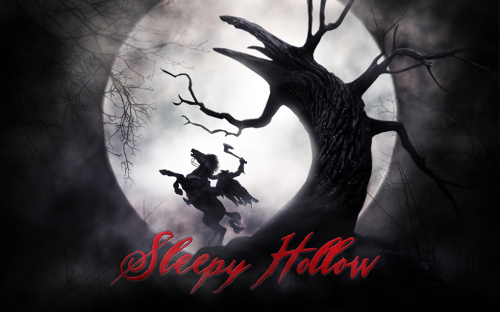 Photo sombre et glauque du film Sleepy Hollow représentant le cavalier sans tête sur son cheval, devant un arbre mort effrayant.