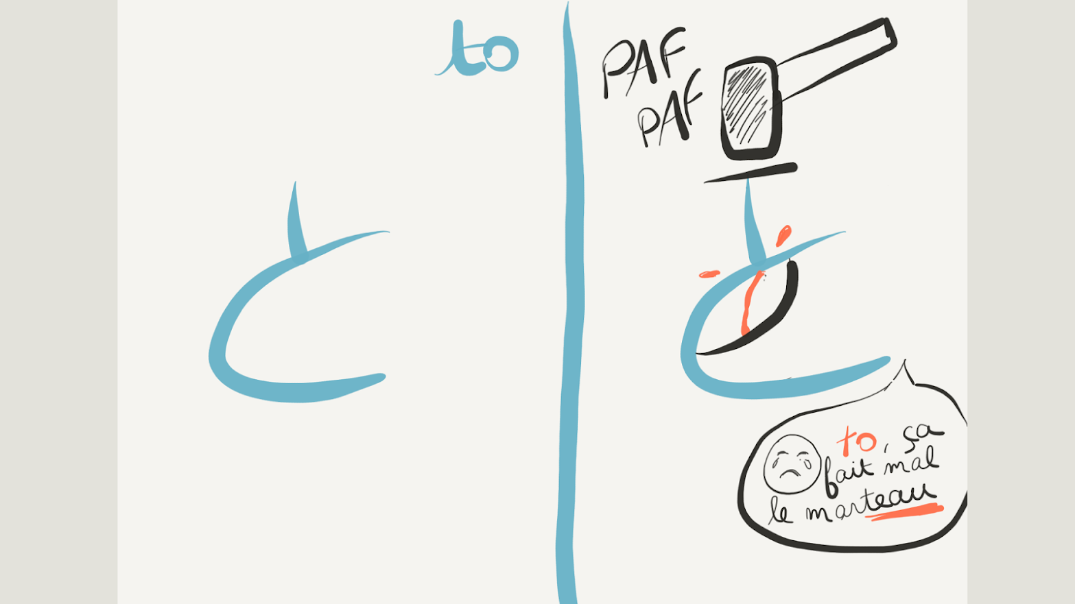 Dessin représentant le hiragana so qui forme les contours d’un pouce et le clou enfoncé dedans.