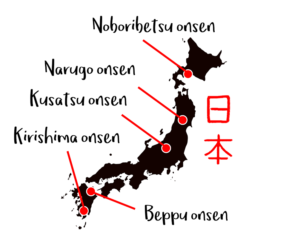 carte du Japon pointant les onsen les plus réputés