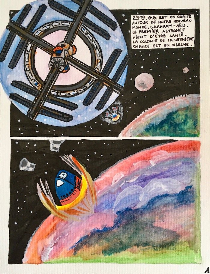 Planche 1 avec 2 cases. En haut, le vaisseau en orbite qui largue l’astronef. En bas, l’astronef qui pénétre dans l’atmosphère de la planète.