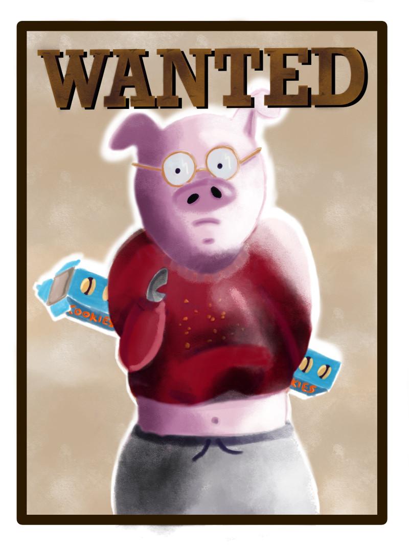 affiche wanted d’un cochon qui a angé des biscuits