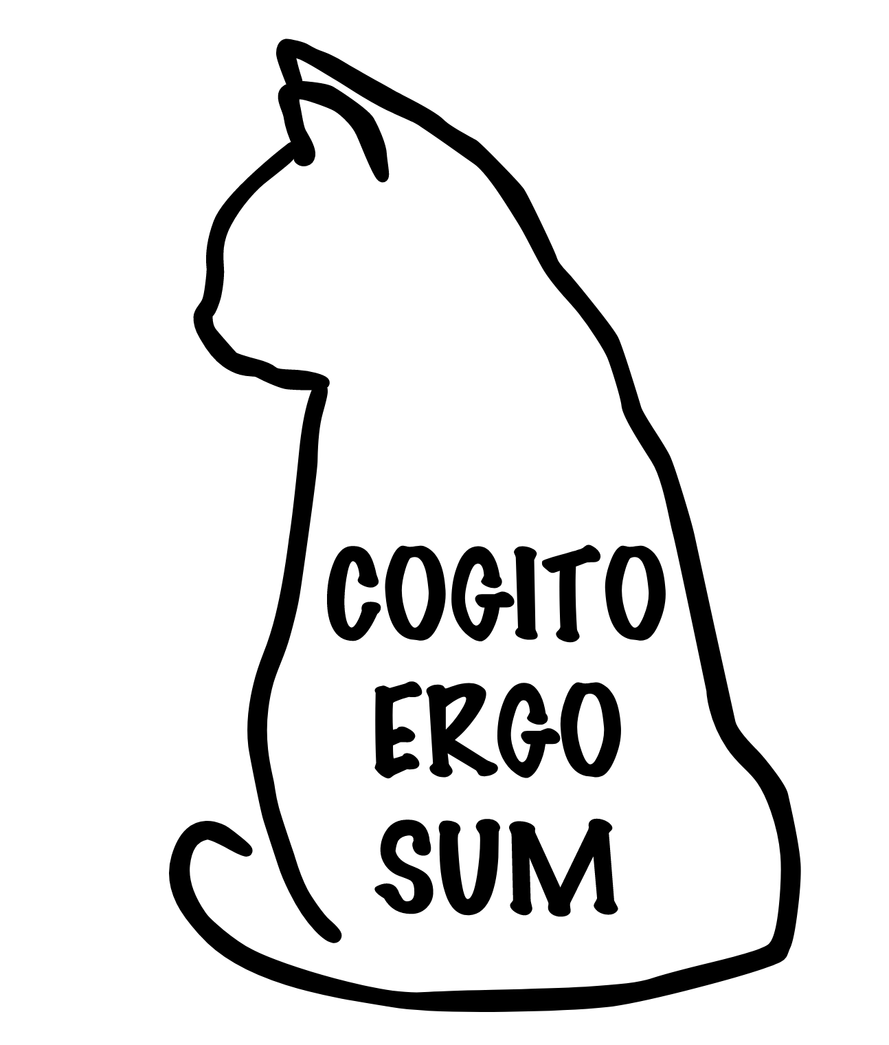 Un chat pensif de dos, avec le message Cogito Ergo Sum