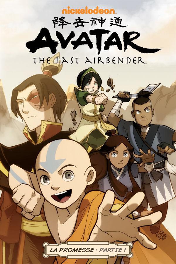 Couverture de la BD représentant Aang, Zuko, Katara, Sokka et Toph sur fond de montagnes.