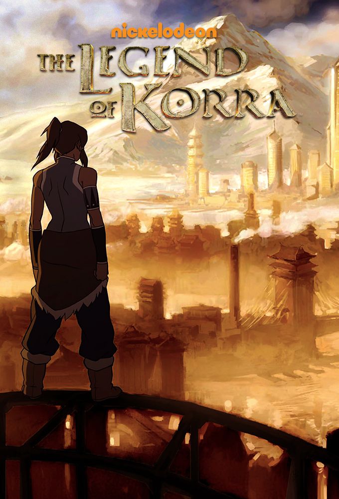 Affiche de la série La légende de Korra, avec la jeune fille de dos face à un paysage magnifique.