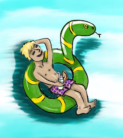 Un bonhomme pépouze sirote un cocktail, le cul dans une bouet en forme de serpent, dans sa piscine.