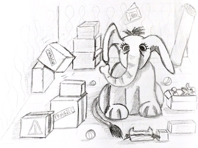 Dessin d'un éléphant dans une petite pièce qui menace de faire tomber des cartons de déménagement s'il bouge.
