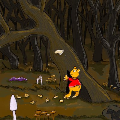 Winnie l'ourson, plein de miel, pénétre dans la porte magique de l'arbre, dans une forêt angoissante.