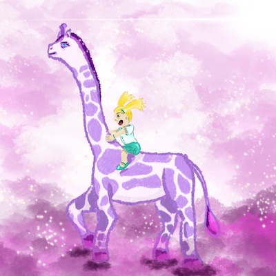 Dessin d'une girafe violette qui ressemble à un diplodocus, montée par une fillette et qui se promène dans des nuages roses.