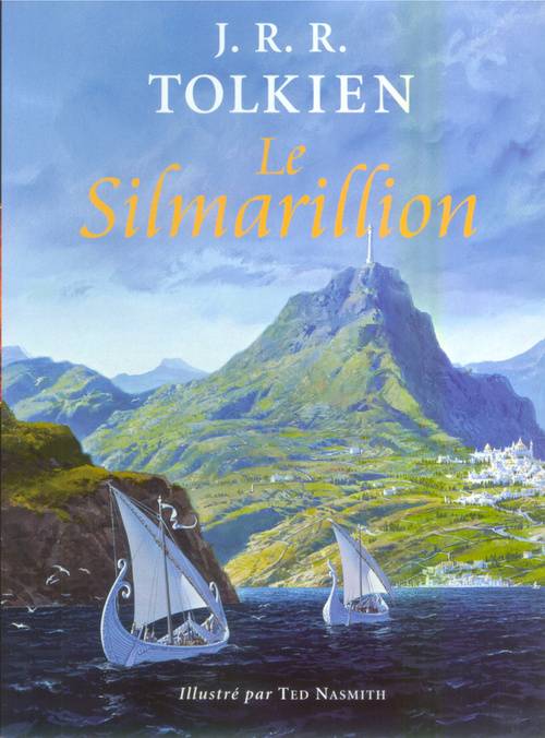 Couverture du Silmarillion aux éditions Christian Bourgeois faite d’une illustration de Ted Nasmithreprésentant une cité elfique en bord de mer.