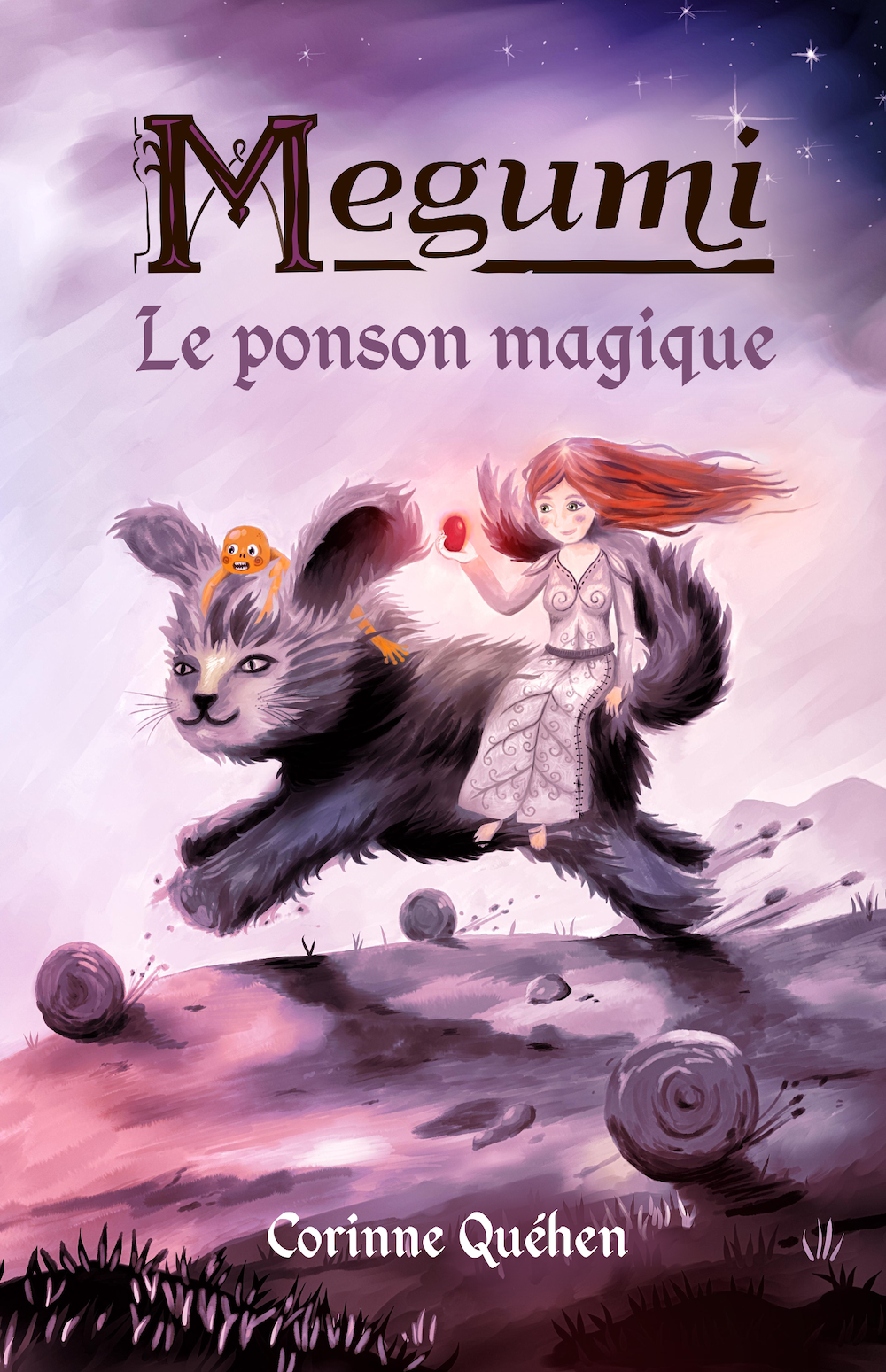 Couverture représentant Megumi et Tiny sur le dos du pionceur, une espèce de gros chat, Kunio.