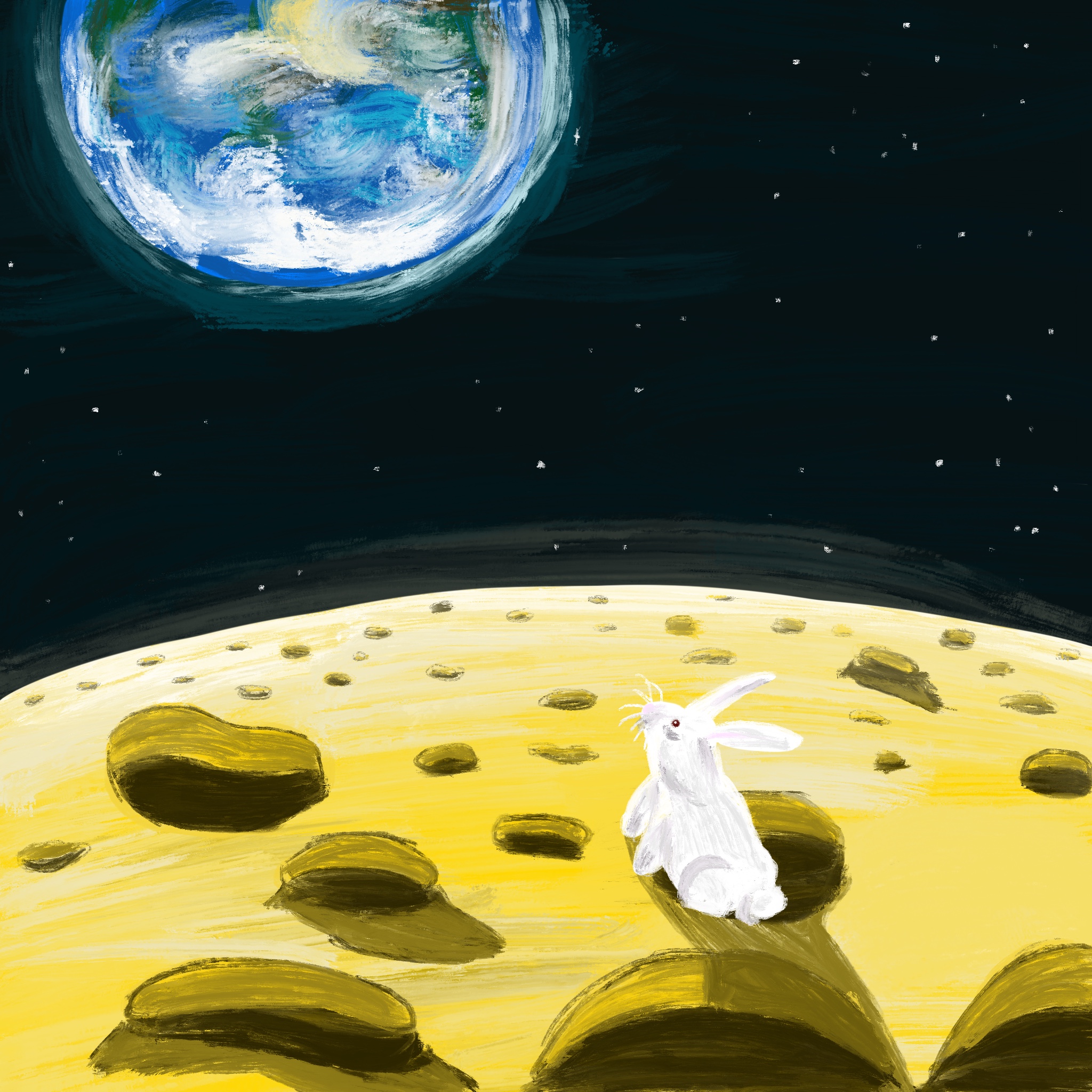 Dessin d’une lune en fromage sur laquelle un lapin contemple la Terre, dans son ciel.