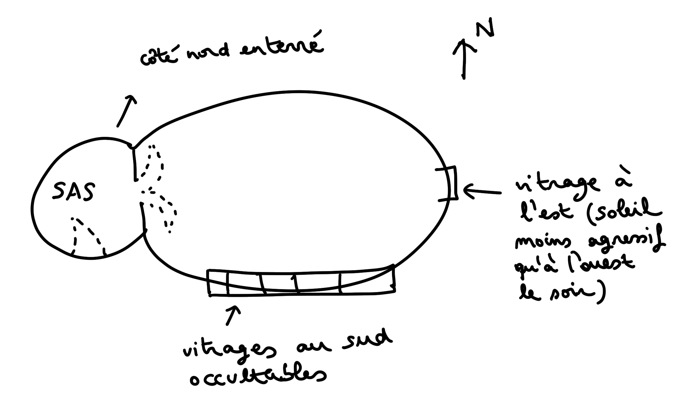 Plan d’une construction version igloo avec emplacement des ouvertures.