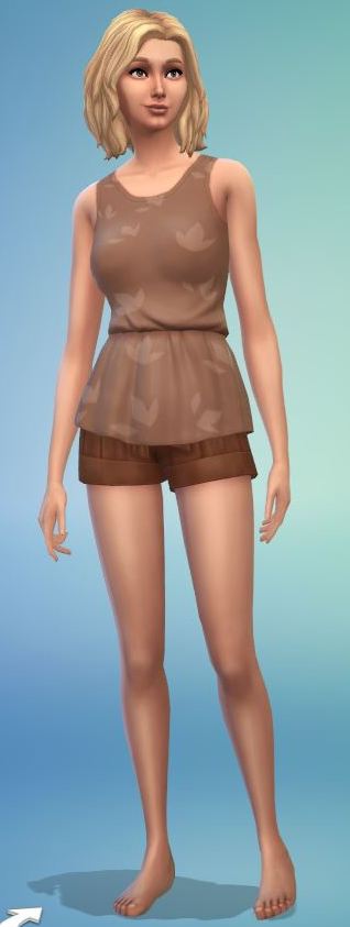 Représentation du personnage d'Anelys faite dans le jeu des SIMS. Elle est grande, blonde, mince et porte des vêtements légers de détente.