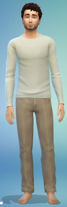 Représentation du personnage de Rena faite dans le jeu des SIMS. Il est grand, brun, mince et porte des vêtements clairs un peu larges.