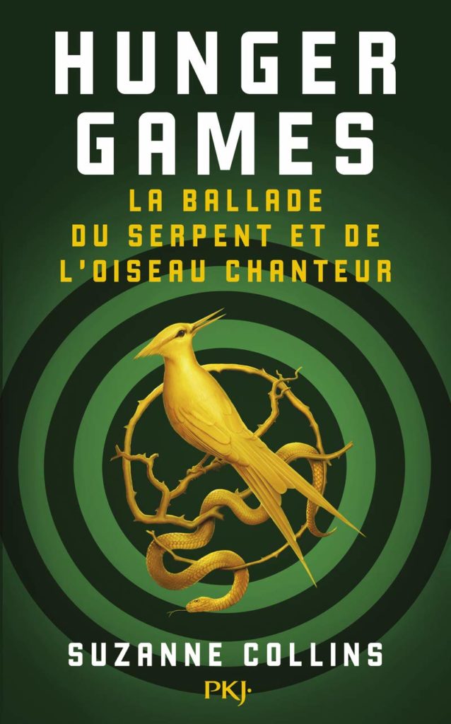 couverture du livre hunger games avec un oiseau et un serpent sur fond vert.