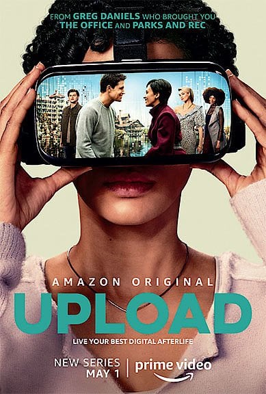 affiche de la série représentant une femme avec un casque de réalité virtuelle dans lequel on peut voir son avatar dans une vie alternative, avec un homme.