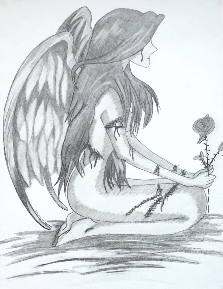 Dessin d’un ange triste et blessé avec une rose.