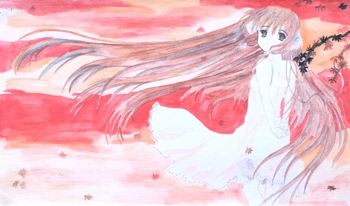 Aquarelle d’une jeune fille, cheveux au vent sur paysage d’automne, en couleurs.