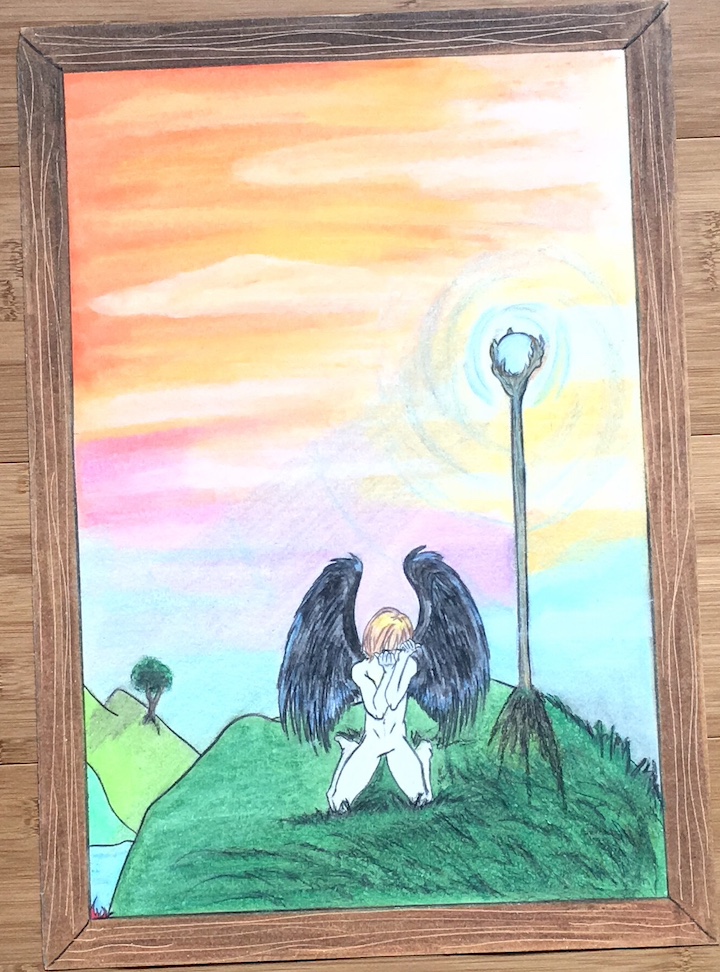 Dessin à la craie grasse coloré d’un ange avec des ailes noires dans un paysage.