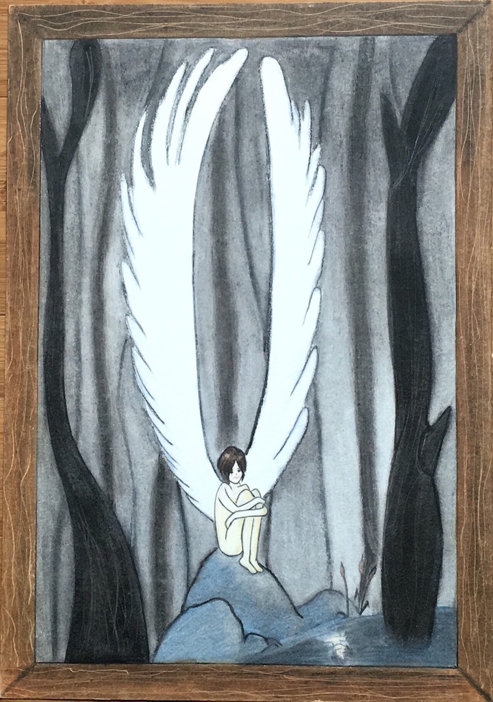 Dessin à la craie grasse coloré d’un ange avec des ailes blanches dans un paysage obscur.