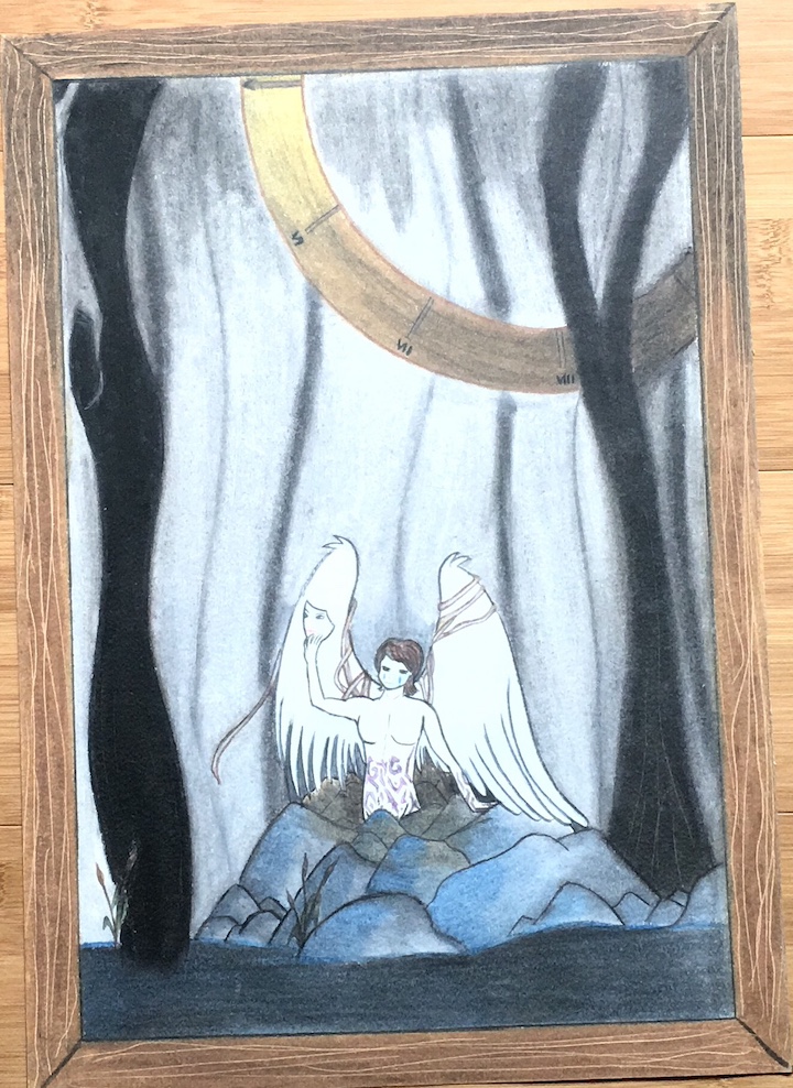 Dessin à la craie grasse coloré d’un ange avec des ailes blanches dans un paysage obscur.