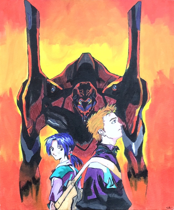 Toile représentant plusieurs personnages du dessin animé Neon Genesis Evangelion.