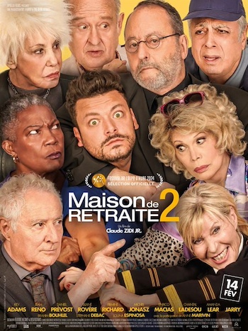 Affiche du film Maison de Retraite 2 représentant des personnes âgées en gros plan, entourant leur aide soignant.