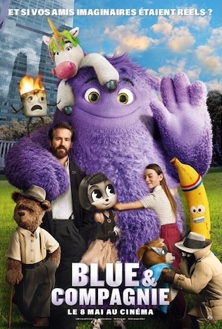 Affiche du film Blue et compagnie représentant des créatures colorées et poilues comme des grosses peluches, avec la jeune fille.