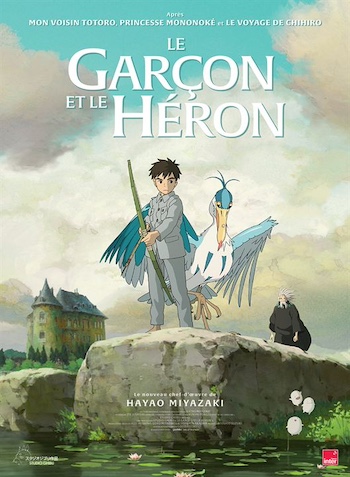 Affiche du film Le garçon et le héron représentant le dessin de profil du garçon et de l'oiseau.