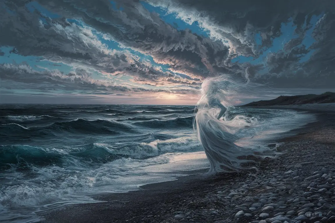 plage de galets au crépuscule, ciel orageux, avec jeune femme fantômatique se lamentant dans les lambeaux de sa robe blanche au premier plan.