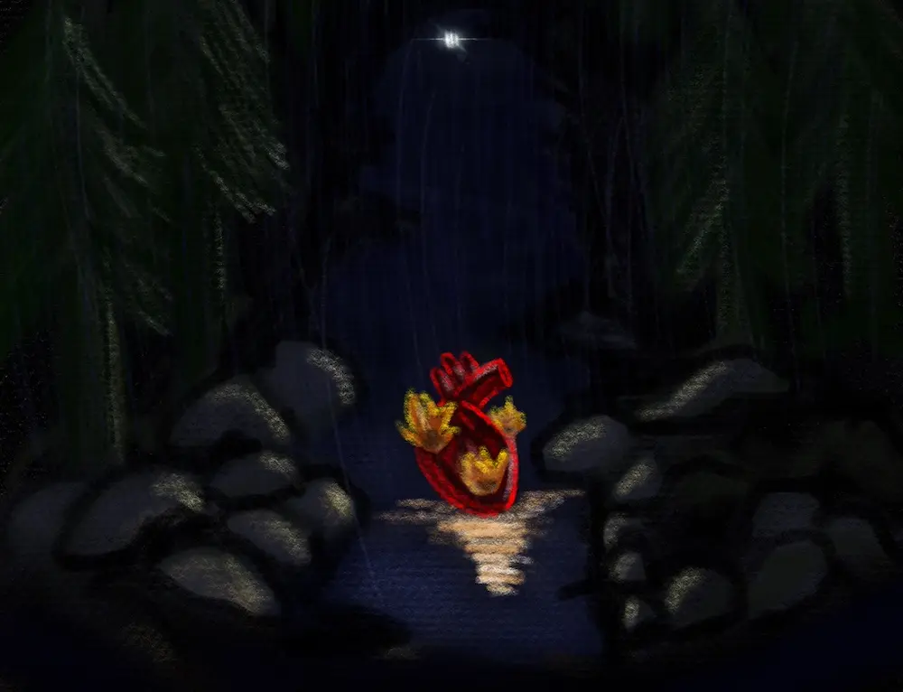 Dessin digital au pastel représentant un coeur humain en flammes flottant au-dessus de l'eau, dans une forêt sous la pluie, la nuit. Au loin, une lueur bleutée.