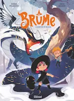 Couverture du premier tome représentant une petite sorcière affrontant un dragon. Le style de dessin est mignon.