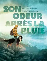 Couverture de la BD représentant un homme et un chien dans les montagnes, sous la pluie. Le style de ssins est doux et aquarelle.