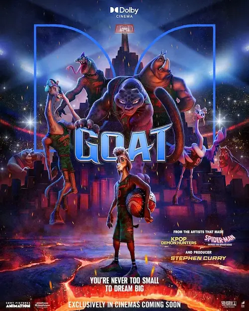 Affiche du film représentant un petit bouc avec un ballon edbout devant un groupe d'énormes animaux.
