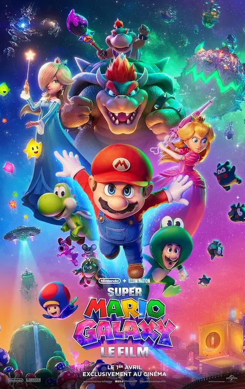 Affiche du film représentant une composition dynamique des différents personnages de l'aventure, avec le plombier moustachu Mario au premier plan.