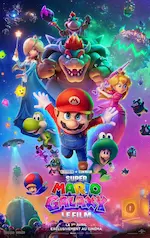 Affiche du film représentant une composition dynamique des différents personnages de l'aventure, avec le plombier moustachu Mario au premier plan.