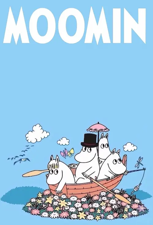 Affiche de la série Les Moomins représentant les personnages du dessin animé dans une barque au milieu des fleurs.
