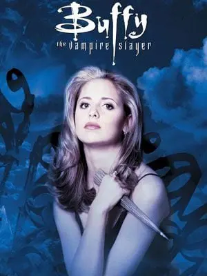 Affiche de la série Buffy contre les vampires représentant la tueuse avec son pieu en bois.