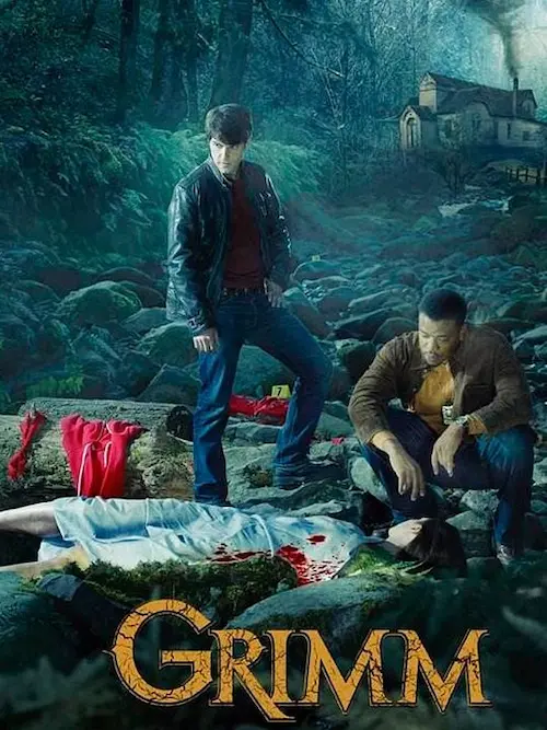 Affiche de la série Grimm représentant deux hommes accroupis devant un cadavre dans les bois.