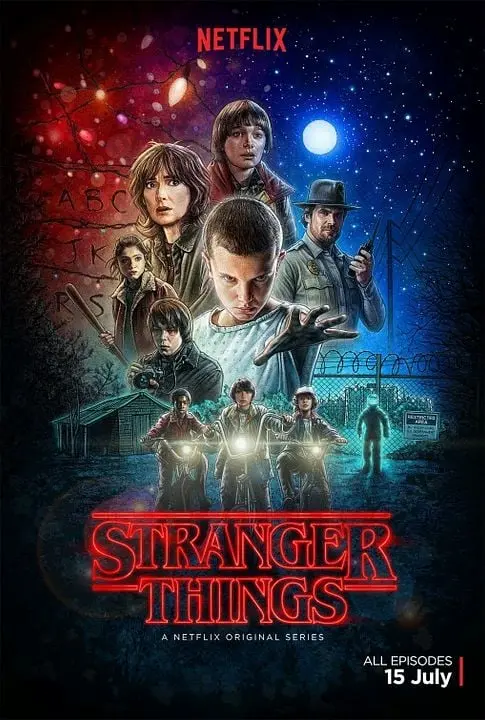 Affiche de la série Stranger Things représentant les différents personnages sur fond obscur dans un style de dessin de BD.