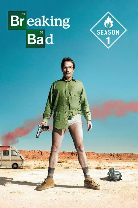Affiche de l série Breaking Bad représentant un homme en slip dans le désert.