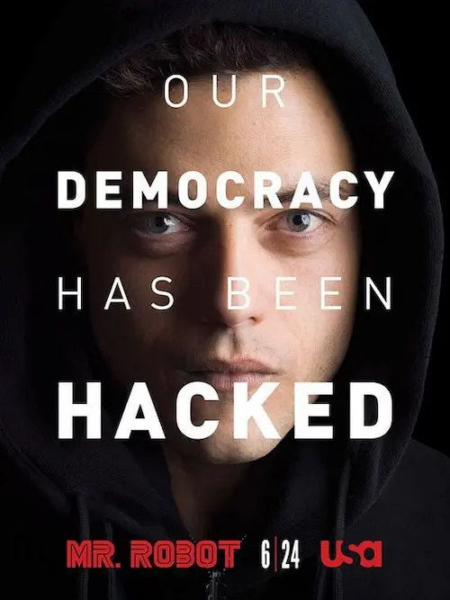 Affiche de la série Mr Robot avec le portrait du héros, dans son sweat à capuche.