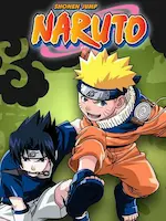 Affiche de la série Naruto représentant 2 jeunes ninja dans des poses dynamiques.