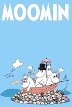 Affiche de la série Les Moomins représentant les personnages du dessin animé dans une barque au milieu des fleurs.