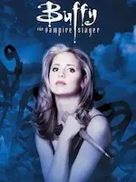 Affiche de la série Buffy contre les vampires représentant la tueuse avec son pieu en bois.
